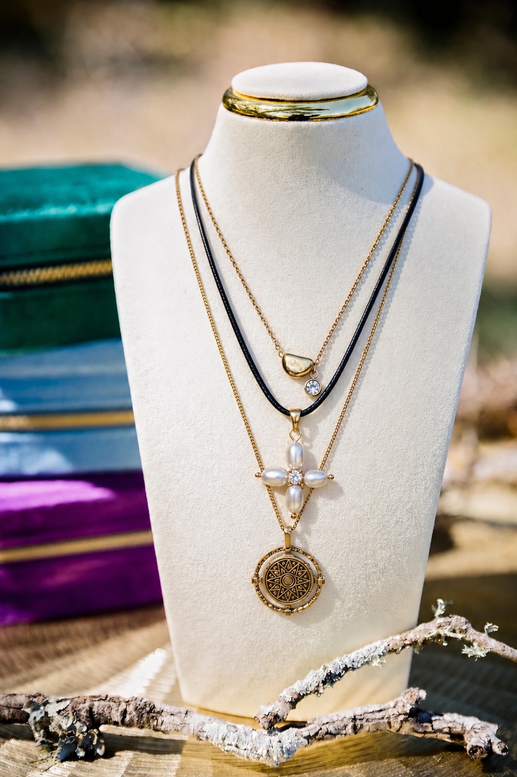 Necklaces on a mannequin bust with a blurred background