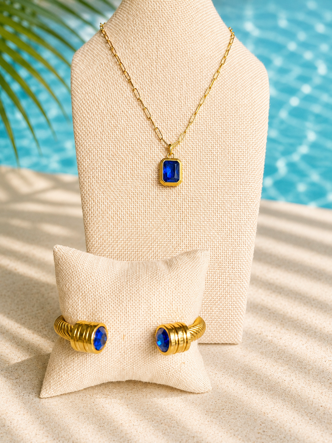 2026 Veita Poolside Collection showing Romy Cuff and Nightfall Necklace in Blue