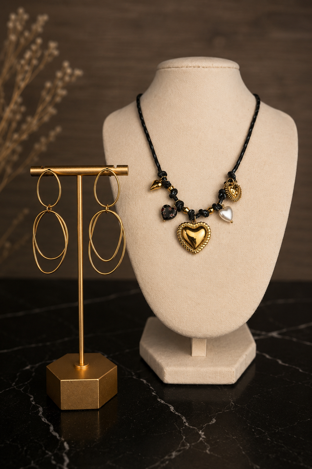 Afterglow Earrings displayed with a coordinating layered necklace, Indigo Necklace, for an effortless mixed jewelry look.