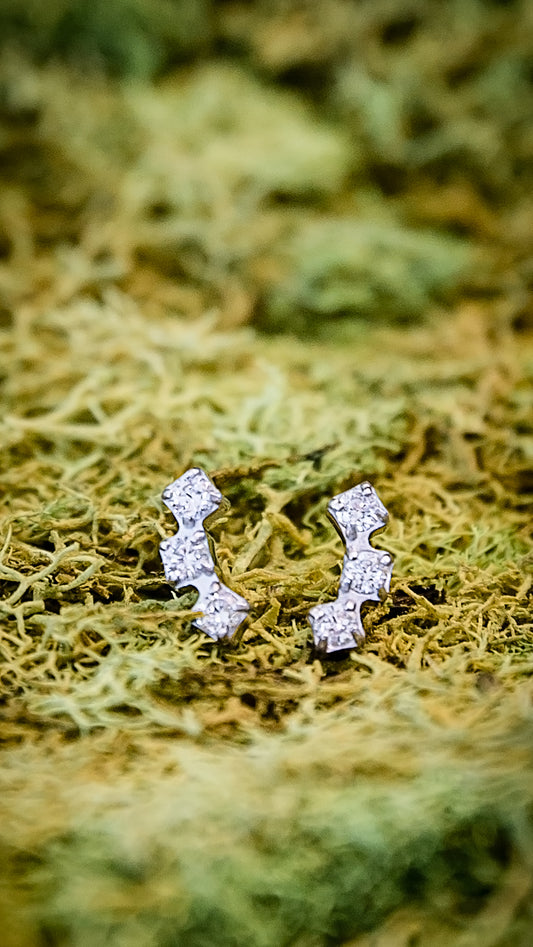 Small dainty micro stud earrings with zircon stones displayed on a moss surface, highlighting petite size and sparkle