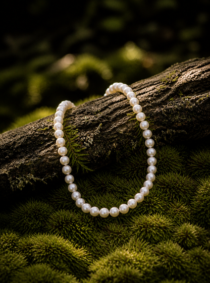Pearl bracelet on a moss-covered log with a blurred natural background