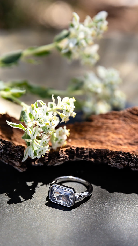 Daydream Ring from the LUNA Collection by VEITA Jewelry in 18kt white gold plating, styled outdoors on stone with greenery.