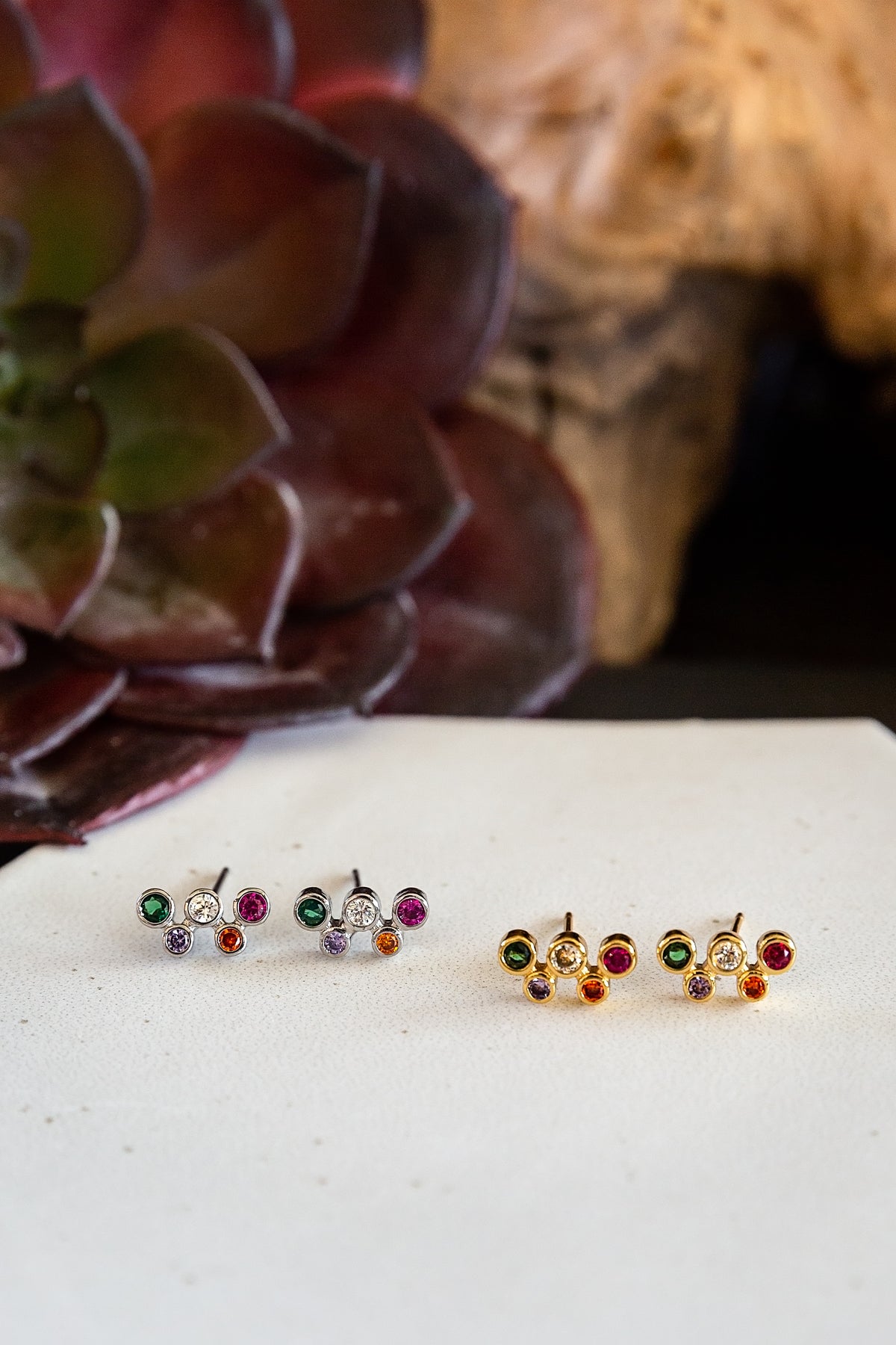 Elodie Micro Studs from the LUNA Collection by VEITA Jewelry featuring colorful zircon stones with 18kt gold plating.