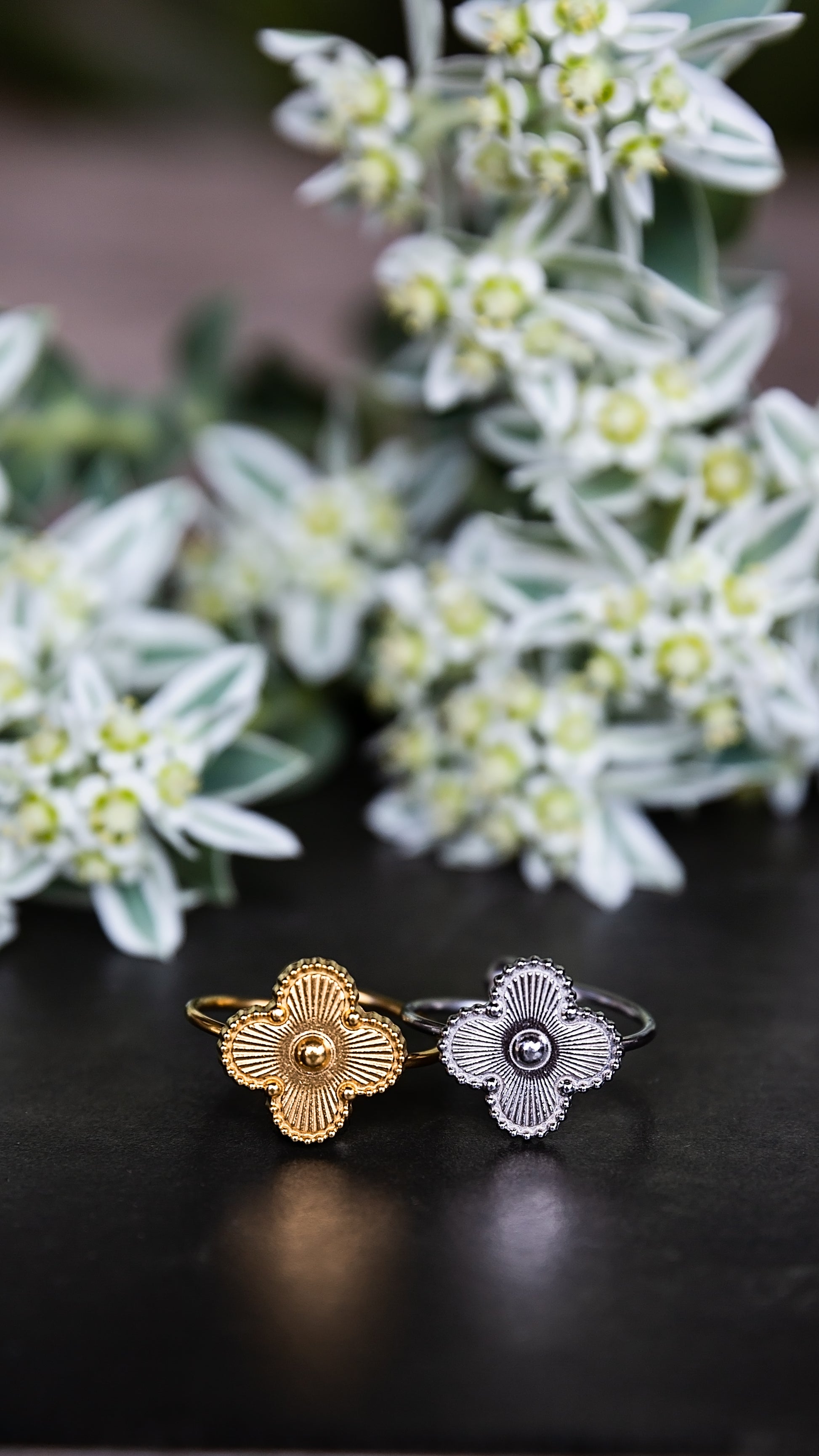 VEITA Jewelry Elton Adjustable Ring featuring clover designs in gold and silver