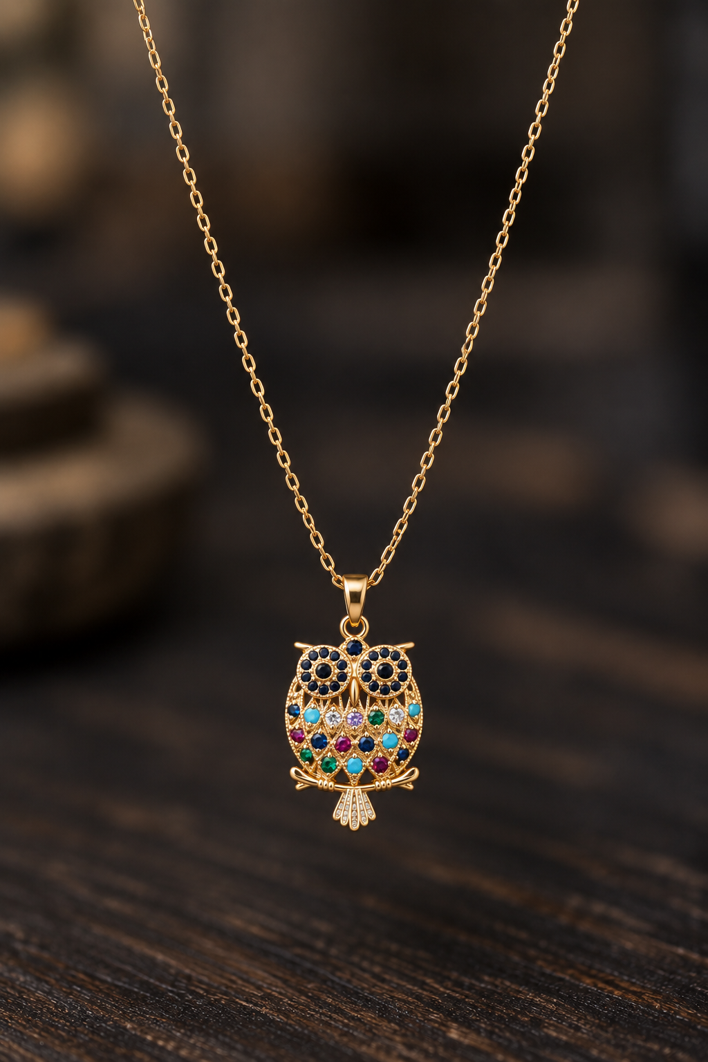 Gold owl pendant necklace with colorful gemstone accents, displayed on a dark wooden surface.