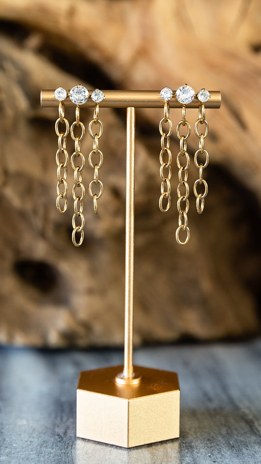 VEITA Jewelry Ignite Earrings featuring zircon stones and long gold chain-link drops
