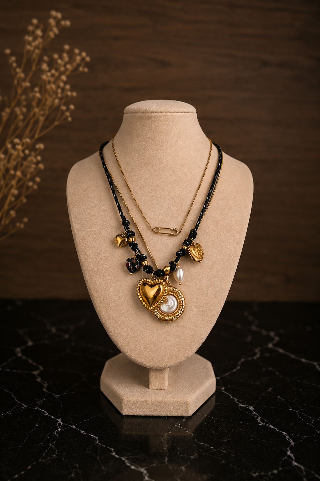 Indigo Necklace layered with a gold pendant necklace, featuring black beads and a dimensional gold heart charm.