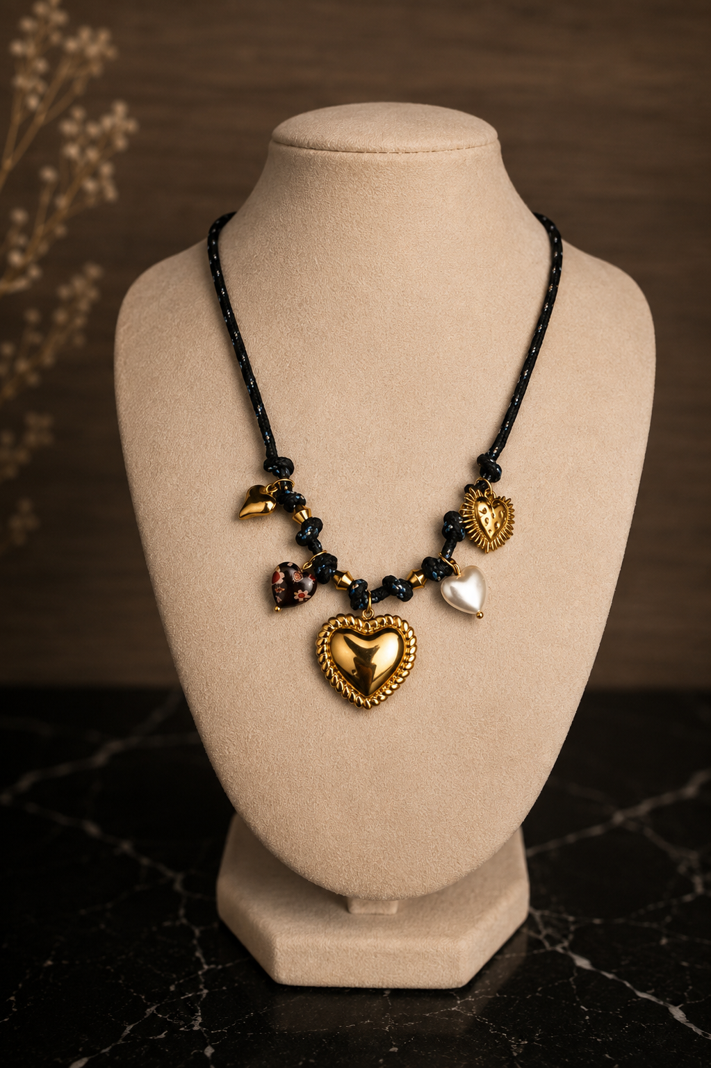 Indigo Necklace featuring a hand-knotted black cord, mixed beads, and a gold heart charm.