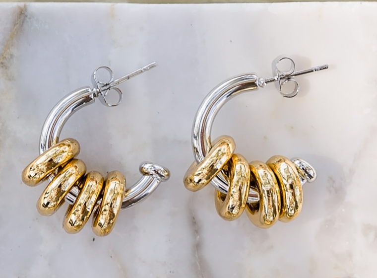 Inez silver with gold hoop earrings featuring removable rings and polished finish for versatile styling