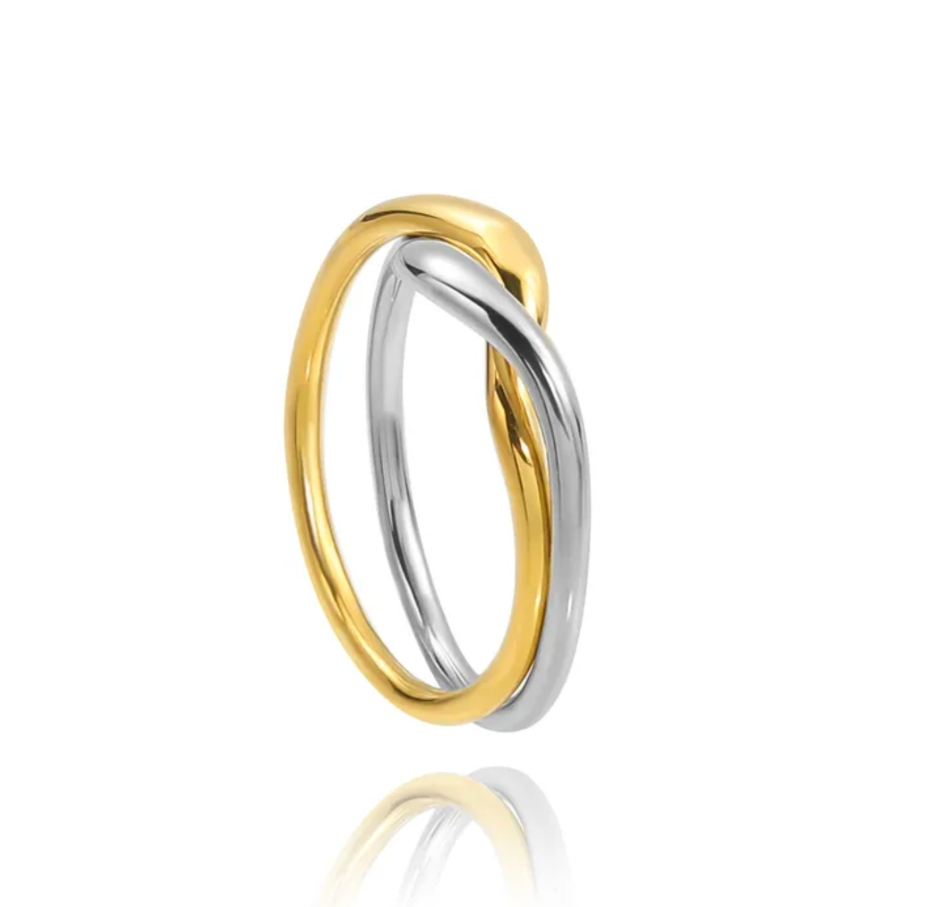 Interwoven Mixed Metal Ring with intertwined stainless steel bands and 18kt gold plating on a white background.