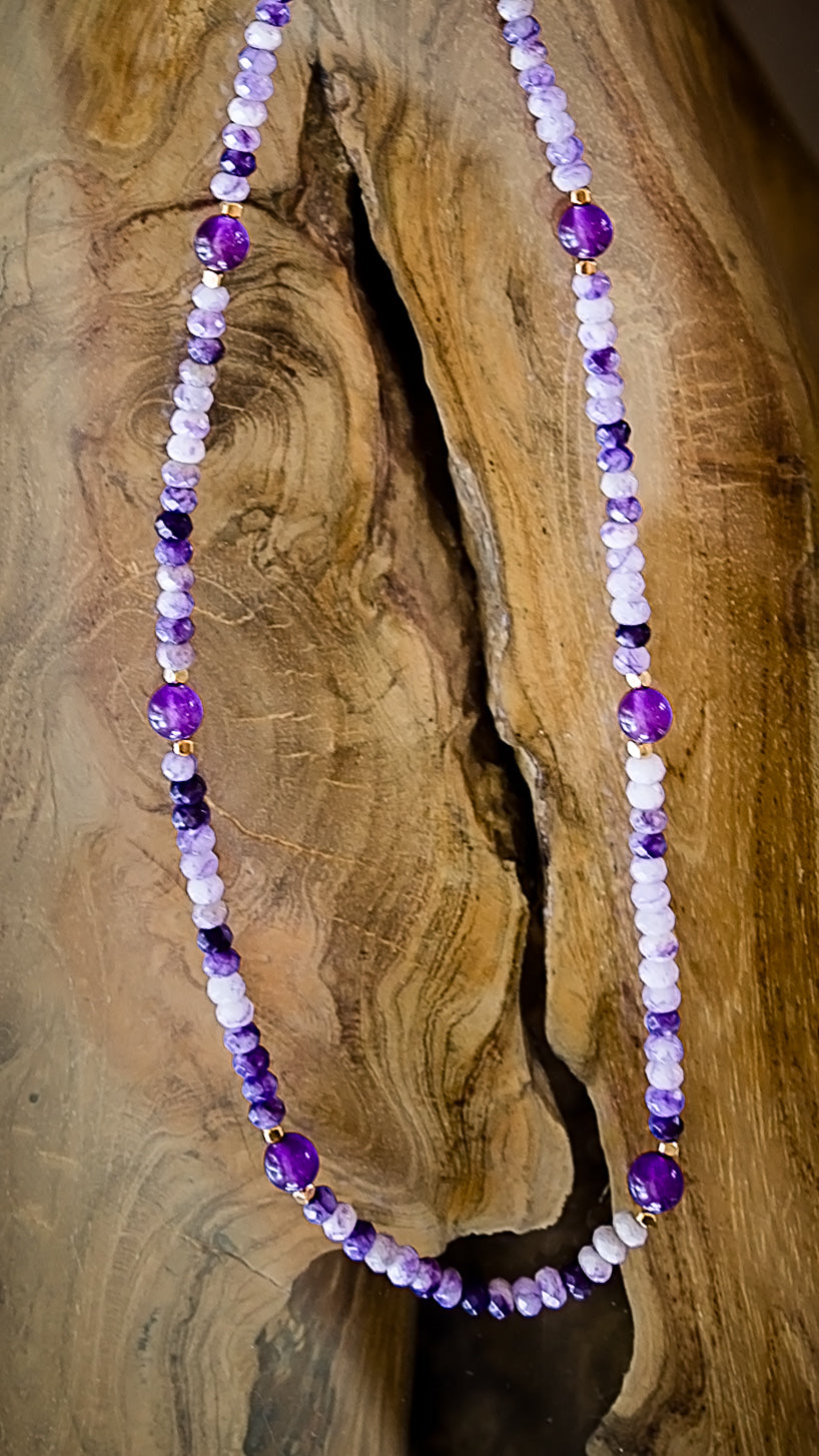 Midnight Orchid necklace featuring hand beaded design with genuine amethyst and agate stones in rich purple tones