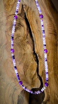 Midnight Orchid necklace featuring hand beaded design with genuine amethyst and agate stones in rich purple tones