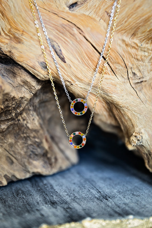 VEITA Jewelry Mosaic Necklace with a delicate gold chain and round pendant featuring colorful inlaid zircon stones