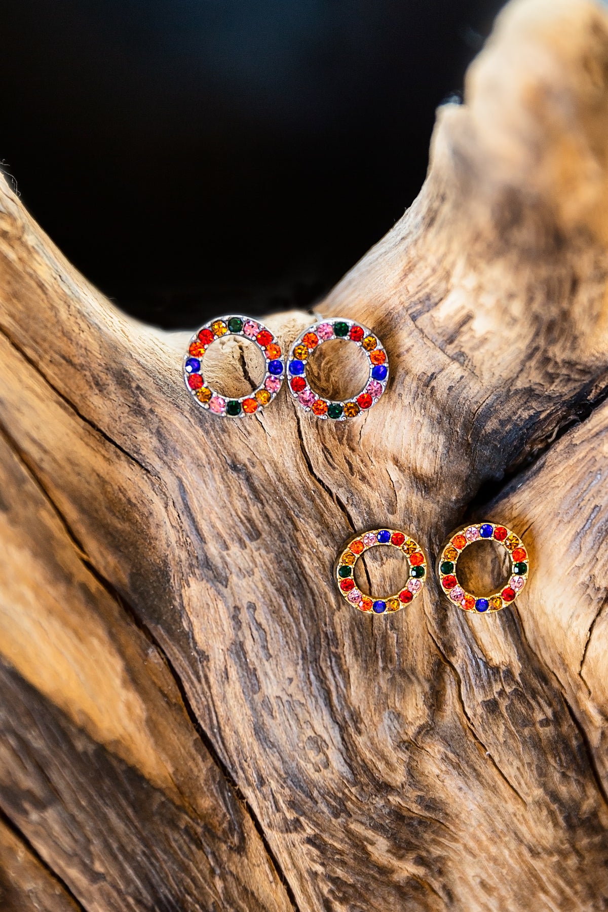 VEITA Jewelry Mosaic Stud Earrings featuring colorful inlaid zircon stones in a gold setting (bottom) and silver setting (top)