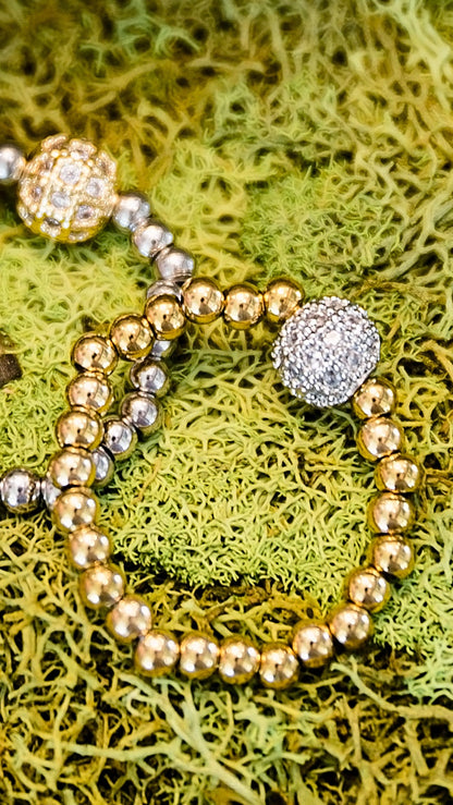 Pavé ball stretch ring featuring gold beaded design with zircon stone ball detail and flexible stretch fit
