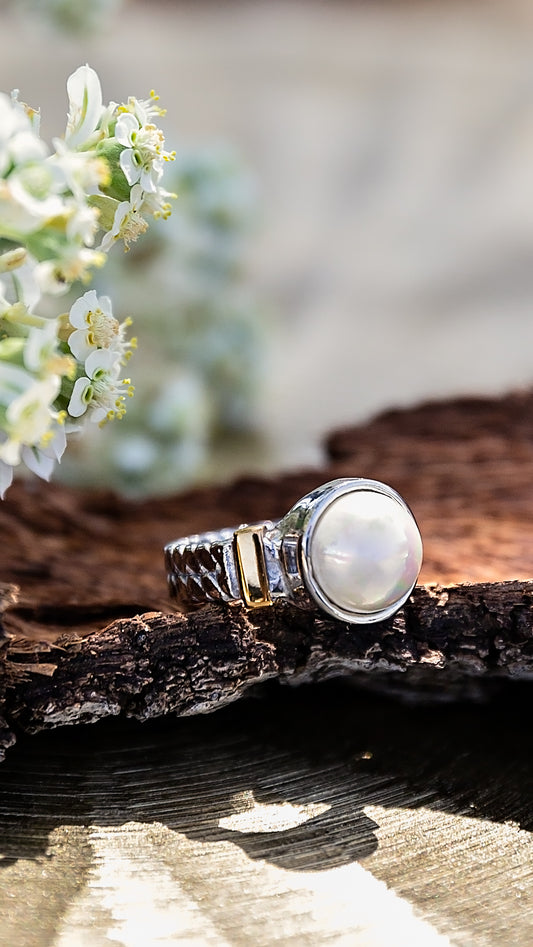 Ravelle Ring from the LUNA Collection by VEITA Jewelry featuring a large pearl-inspired centerpiece and 18kt white gold plated finish.