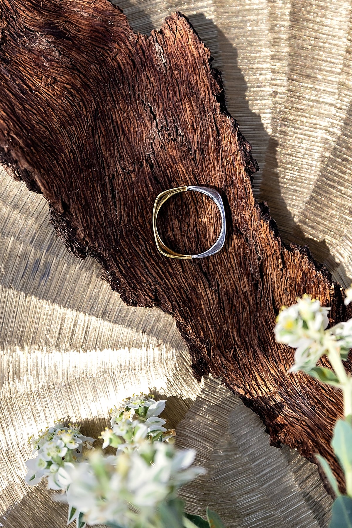 Detail view of the Roux Stacking Ring by VEITA Jewelry, showing its smooth, high-polished gold plated design.