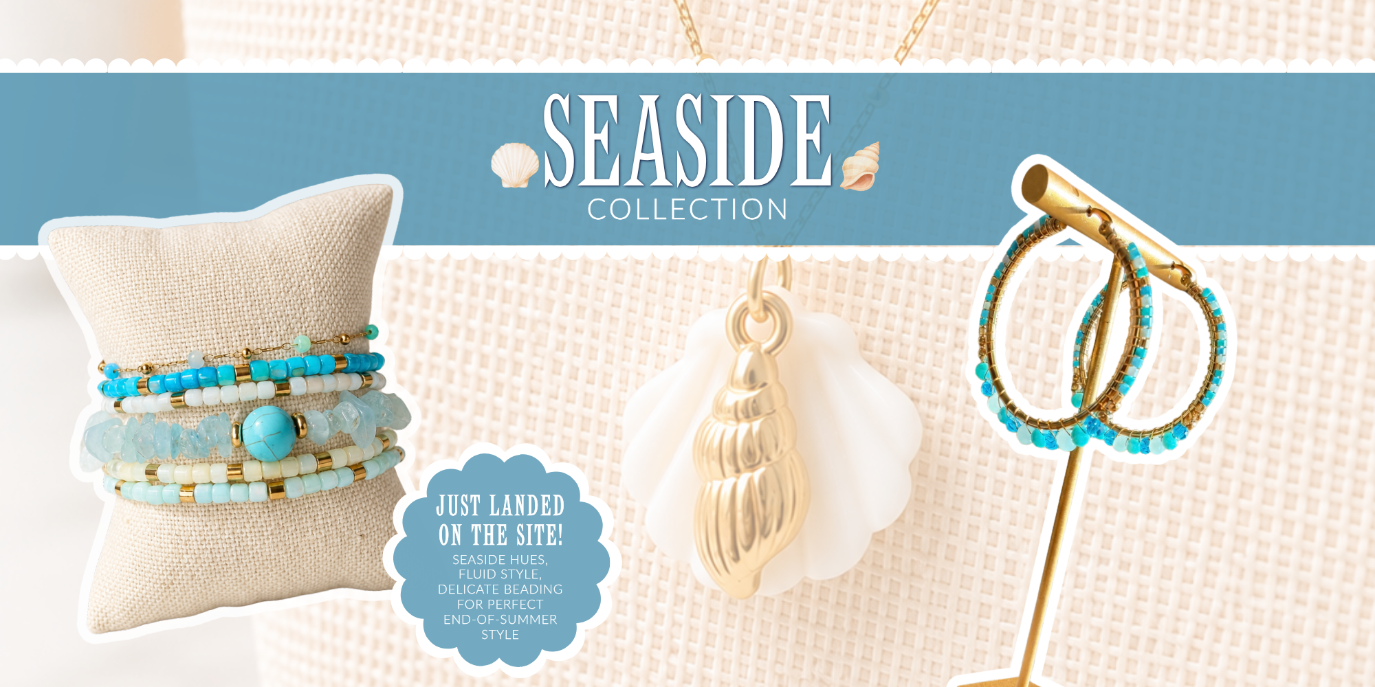 Graphic banner showing the Seaside Collection from VEITA including a bracelet stack and pair of hoop earrings.