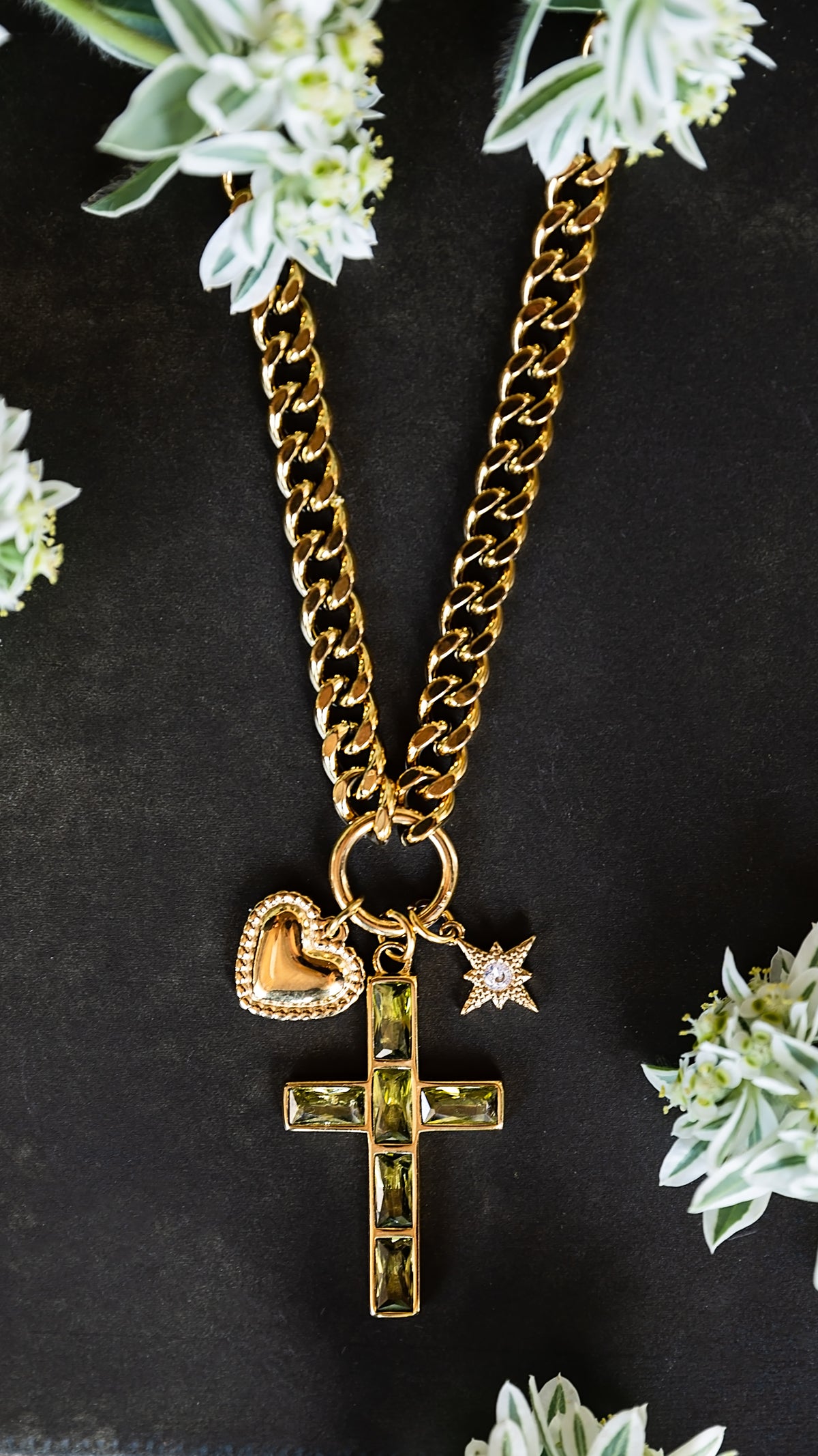 VEITA Jewelry Selah Necklace featuring a chunky gold chain with zircon stone charms