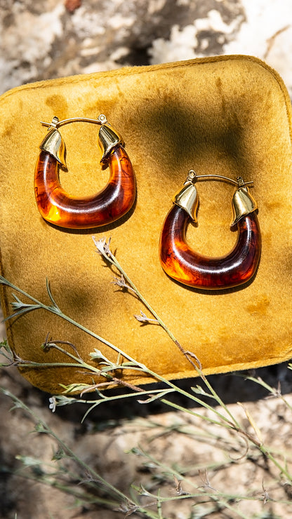 VEITA Jewelry Senna Earrings featuring sculptural brown and amber resin hoops
