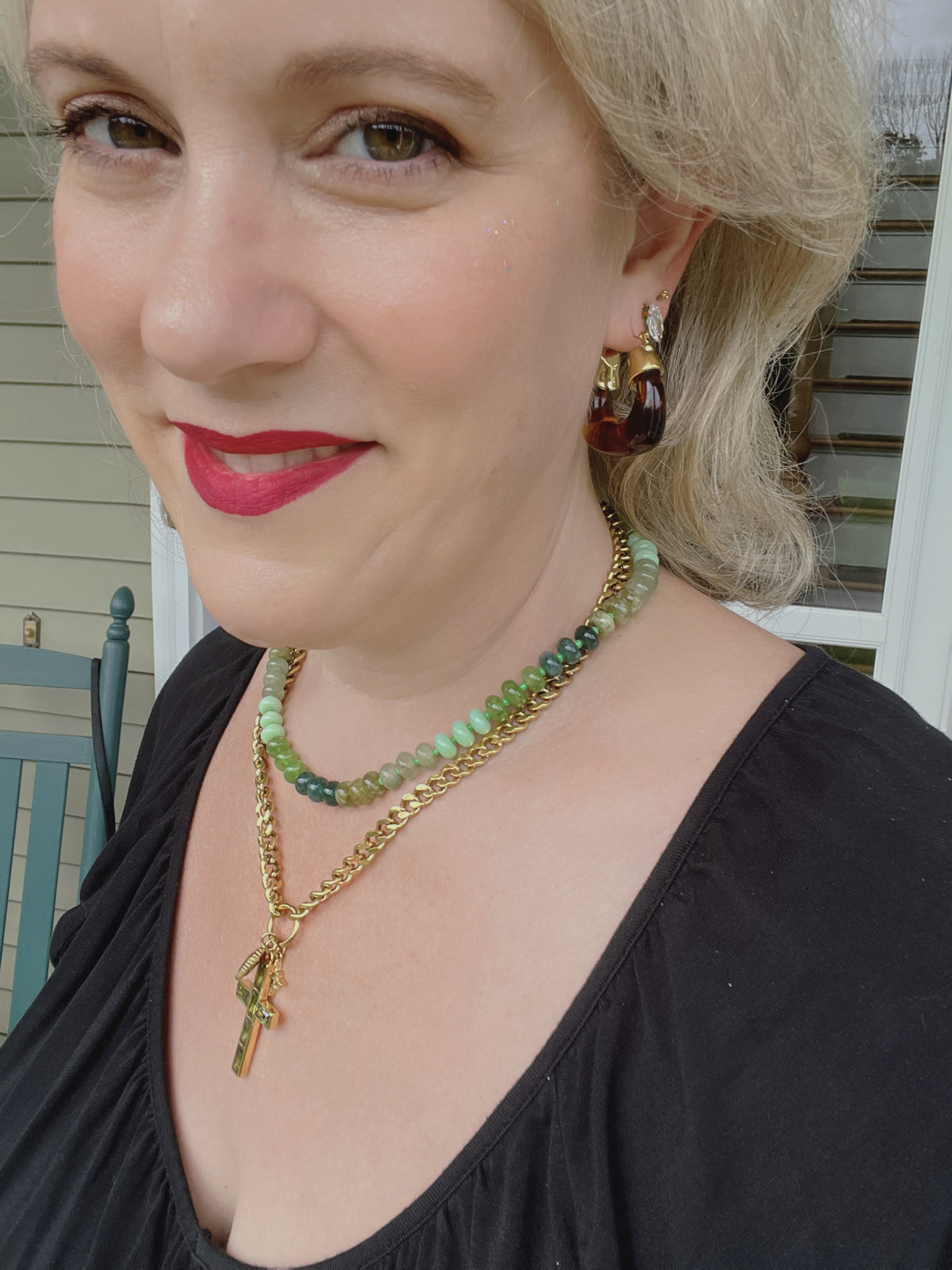 VEITA Jewelry Senna Earrings styled on model with layered necklaces for fall