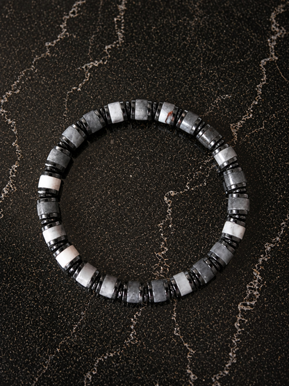 Wayfinder beaded bracelet in Grey Agate  featuring genuine gemstone beads and hematite accents in a comfortable stretch design.