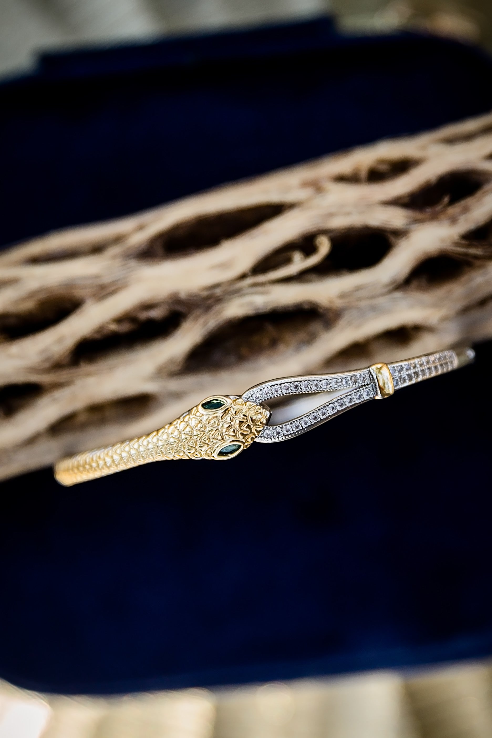 Close-up of Wild Asp snake bangle showing textured metal, zircon stones, and detailed snake head design