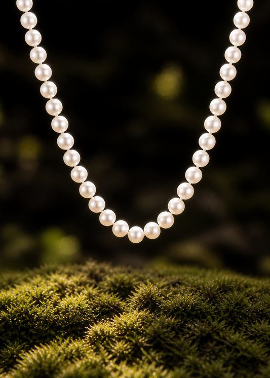 Pearl necklace on a mossy surface with a blurred natural background