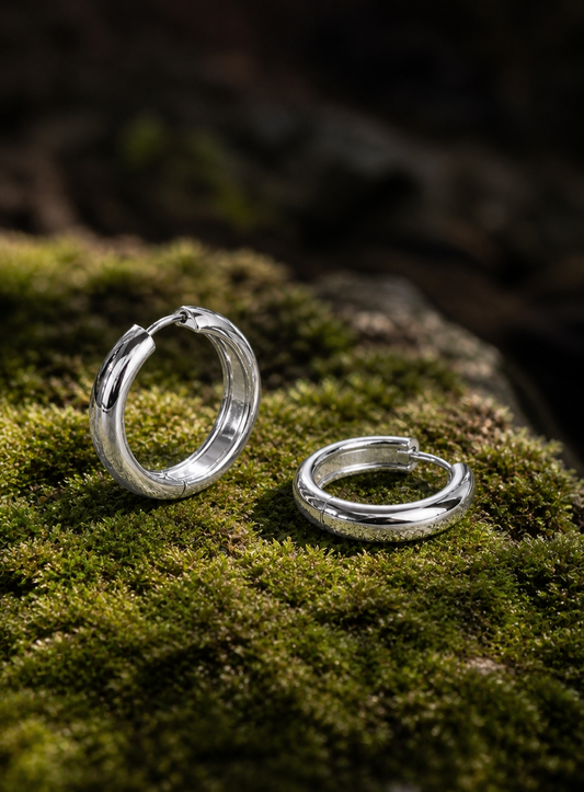 Two silver hoop earrings on a mossy surface
