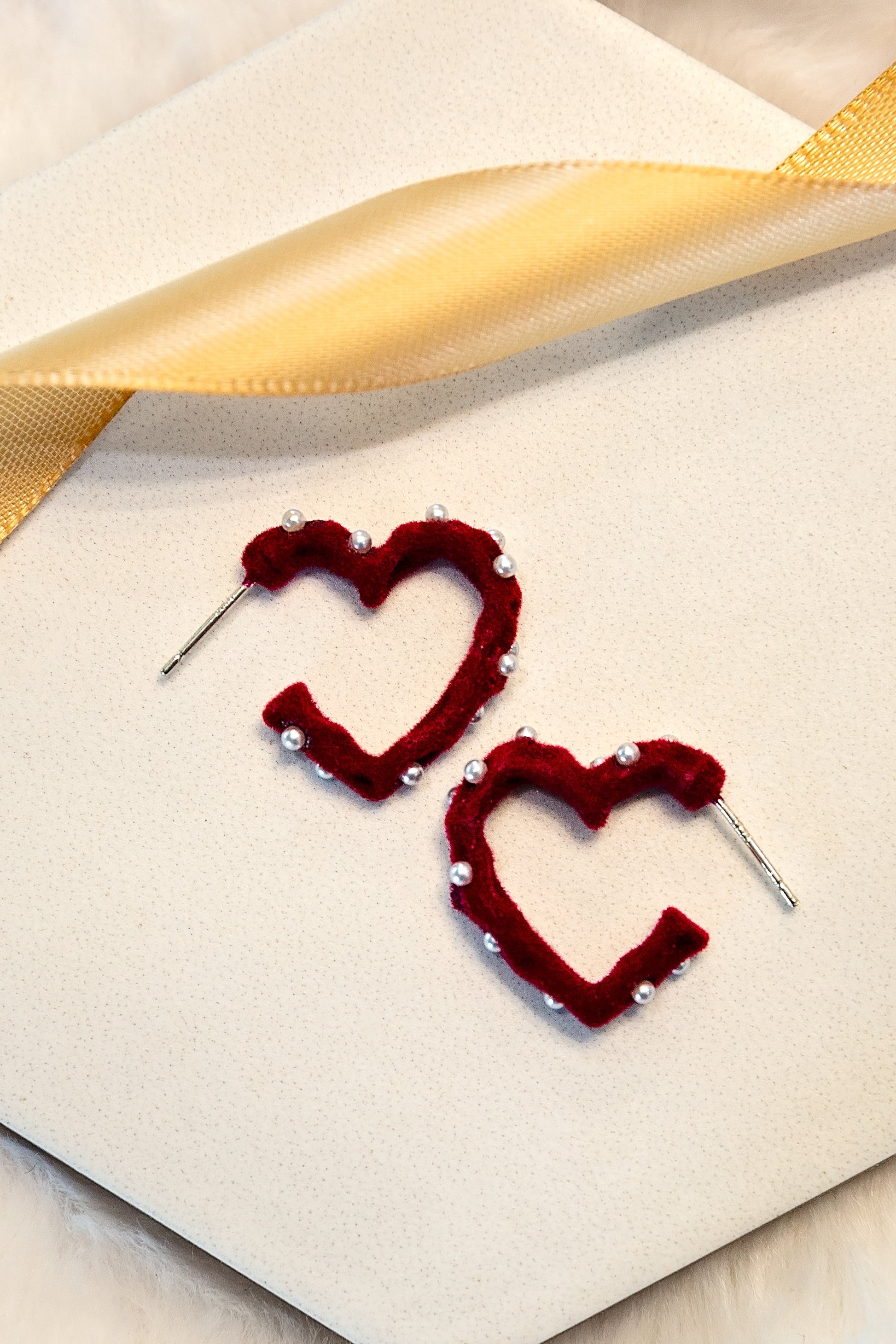 Red velvet heart shaped hoop earrings with mini pearl accents and sterling silver post by VEITA
