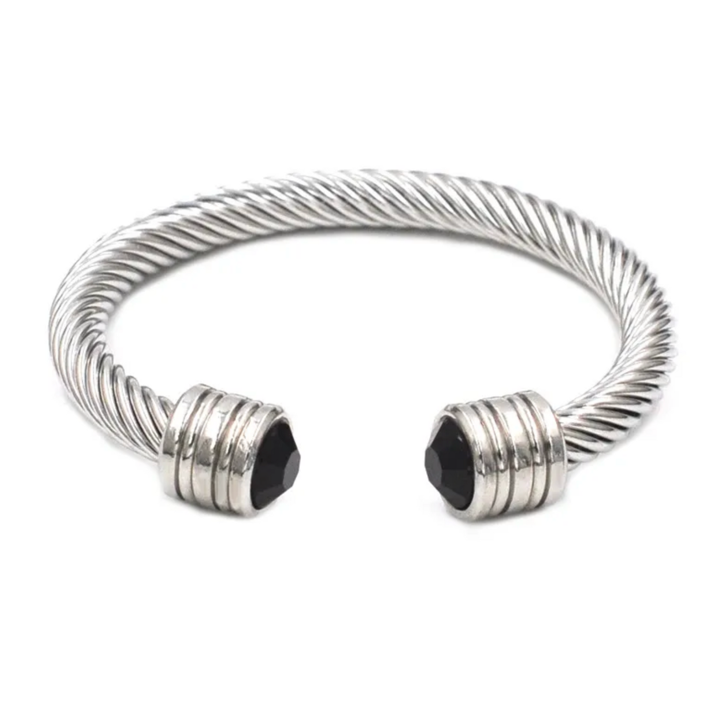 Silver cable-style bracelet with black accents on a white background