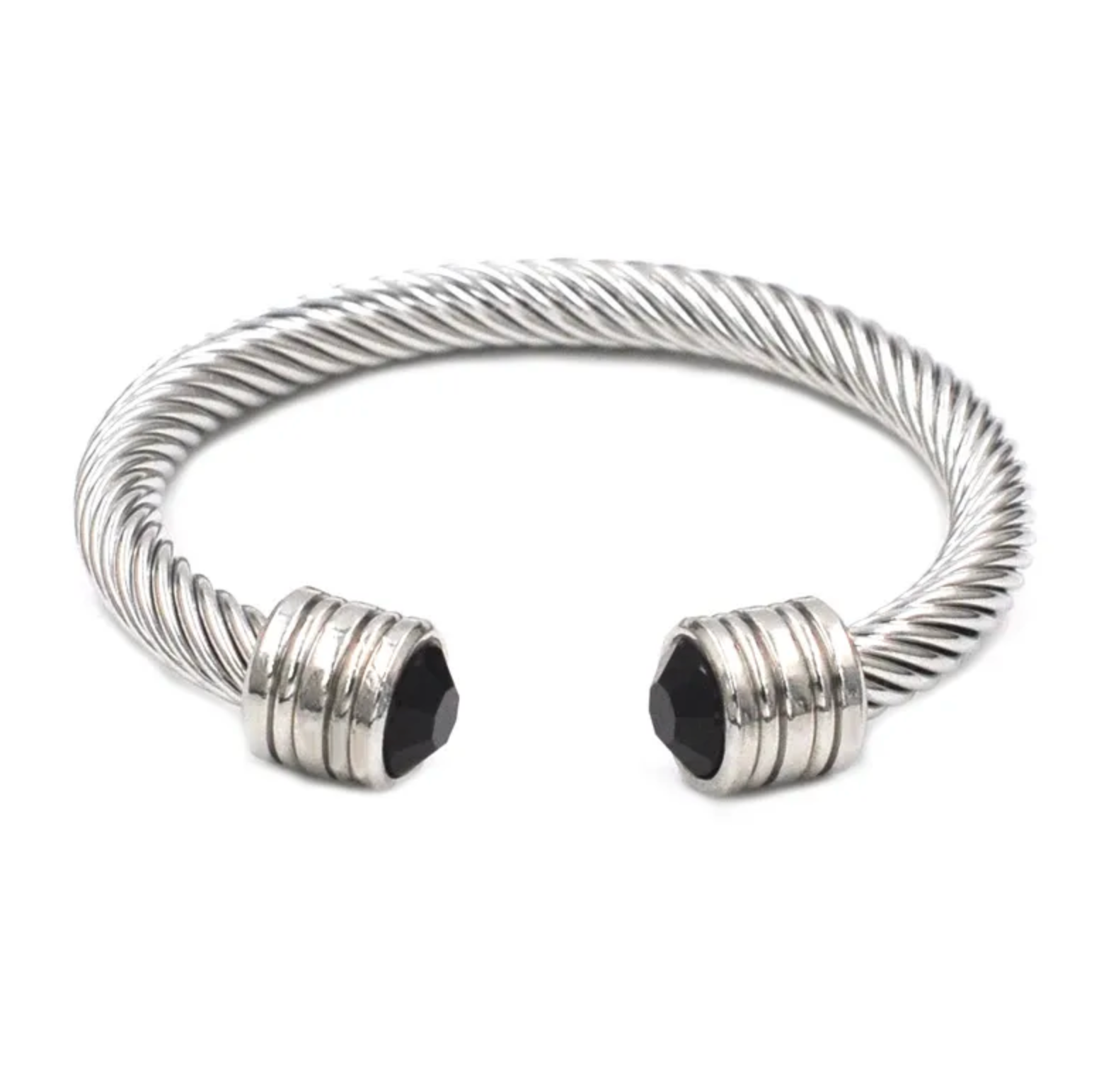 Silver cable-style bracelet with black accents on a white background