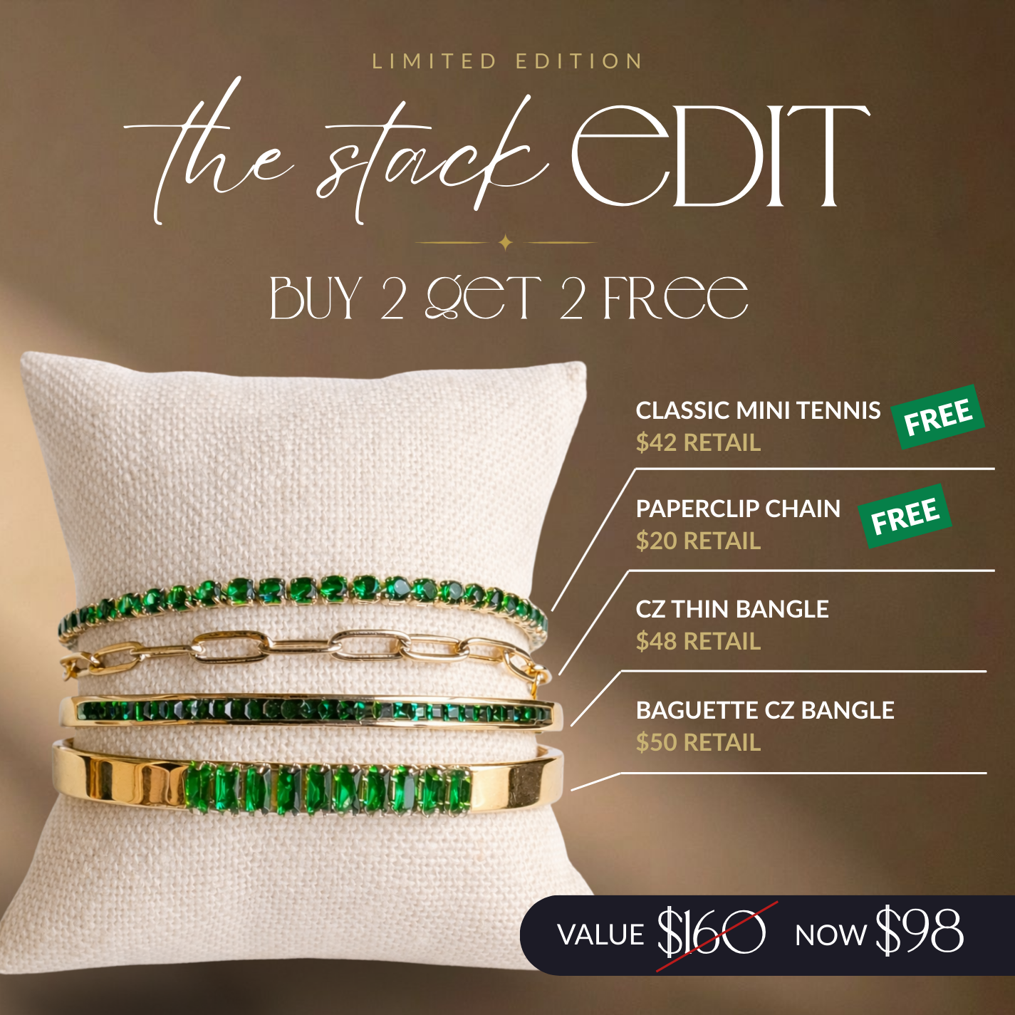 Value breakdown graphic for VEITA 4-piece bracelet stack showing individual bracelet values totaling $160 and stack price of $98