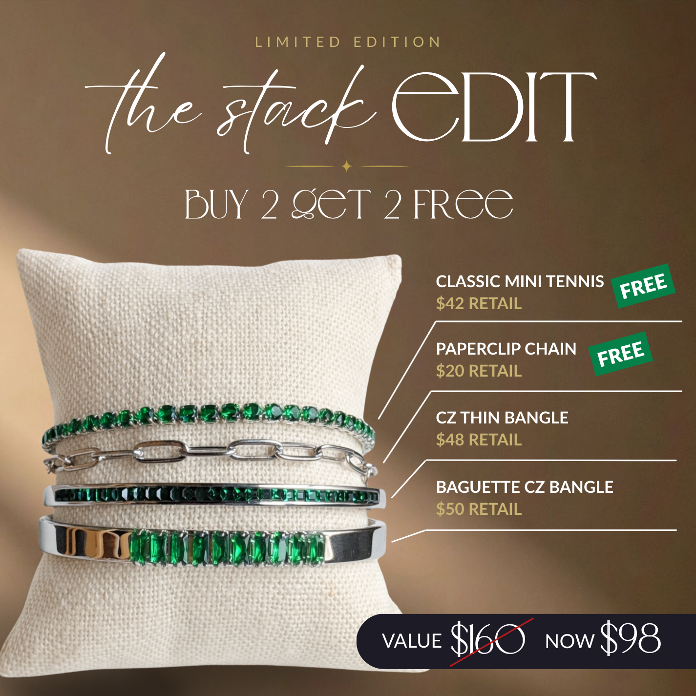 Value breakdown graphic for VEITA 4-piece bracelet stack showing individual bracelet values totaling $160 and stack price of $98