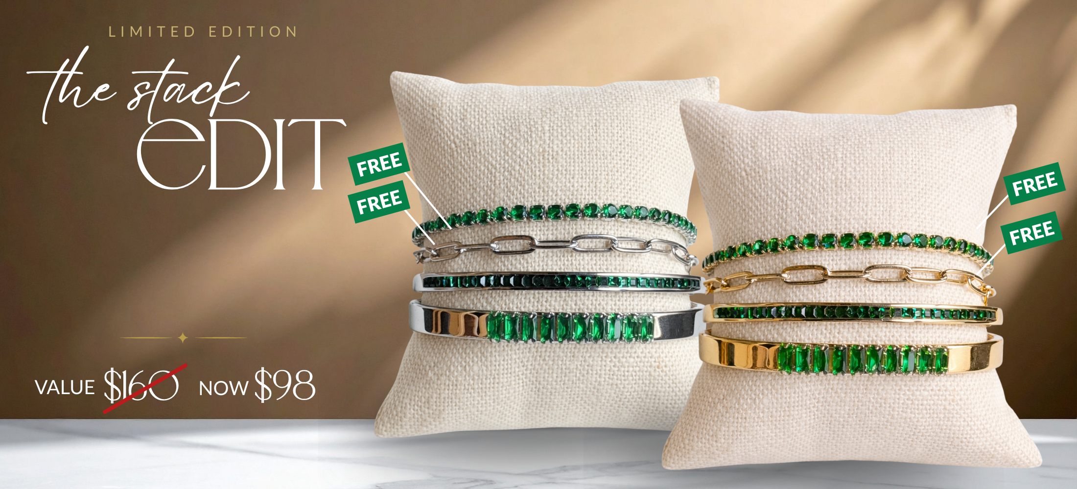 VEITA jewelry stack sale featuring layered crystal bracelets with bundle savings