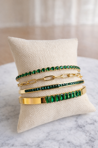 VEITA green crystal bracelet stack styled with gold chain bracelet and emerald stones