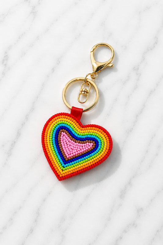 Rainbow beaded heart bag charm with gold lobster clasp and keyring