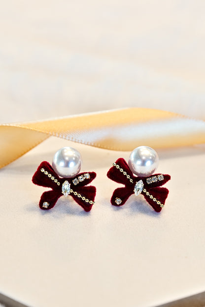 Red velvet pearl bow stud earrings with crystal details and sterling silver post by VEITA