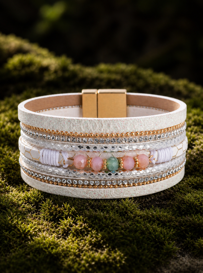 Multilayered bracelet with beads on a textured surface