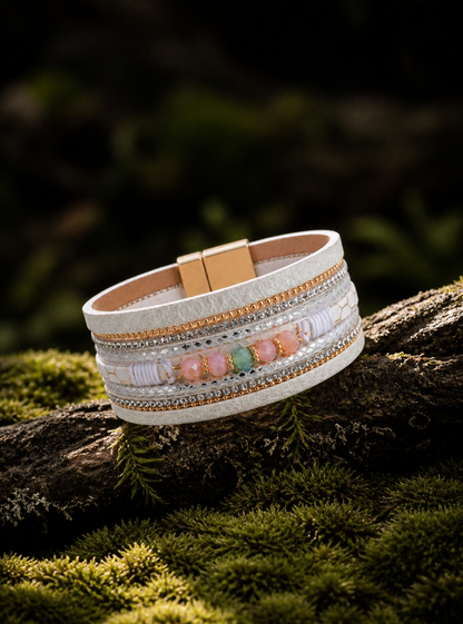 Multistrand bracelet with beads on a wooden branch with moss